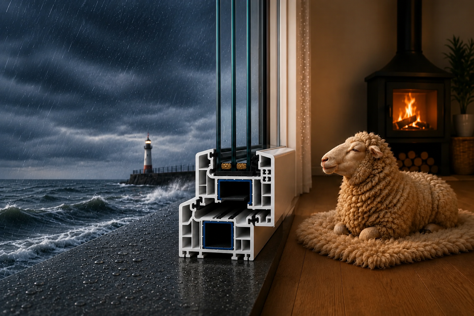 Wärmedämmung mit Fensterprofil, Sturm draußen und warmer Wohnatmosphäre innen