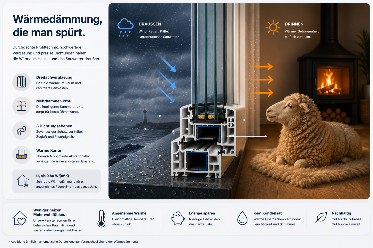 Wärmedämmung Deichfenster mit warmer Innenseite und norddeutschem Sauwetter draußen